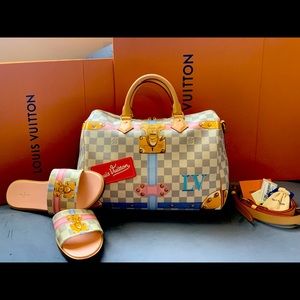 Louis Vuitton matching bag and sandals.